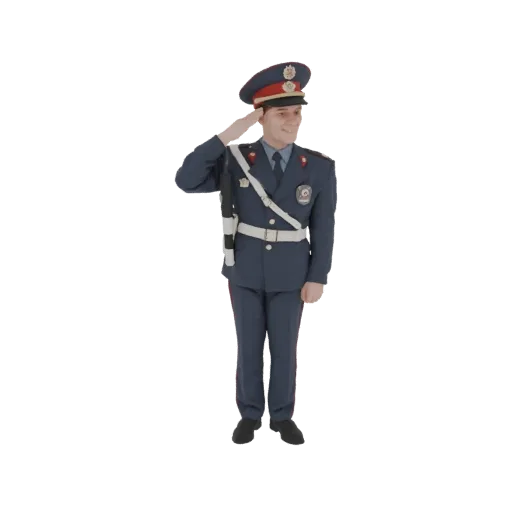 3D модель военного в темно-синей форме и фуражке, отдающего честь правой рукой, поднятой ко лбу.