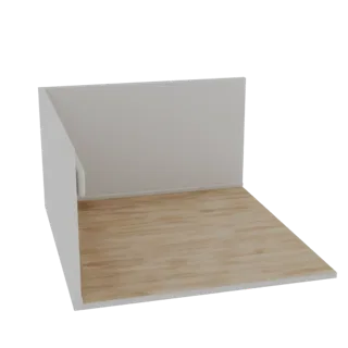 3D модель минималистичного румбокса с полом из светлого дерева и двумя смежными белыми стенами, вид сбоку.