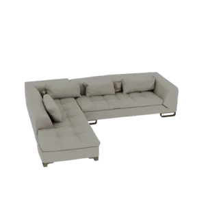Реалистичная 3D модель современного секционного дивана светлого цвета с глубокой пуговичной каретной стяжкой на подушках и эл