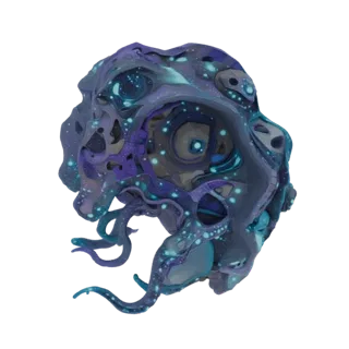3D model of an alien bio-mechanical entity with translucent purple and cyan shells, glowing blue lights, and twisting tendril