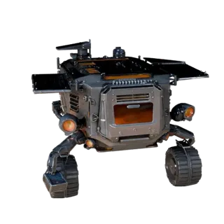 3D-модель Lunar Cargo Rover, вид в три четверти в студии, готовый к анимации ресурс транспортного средства с силуэтом миссии,