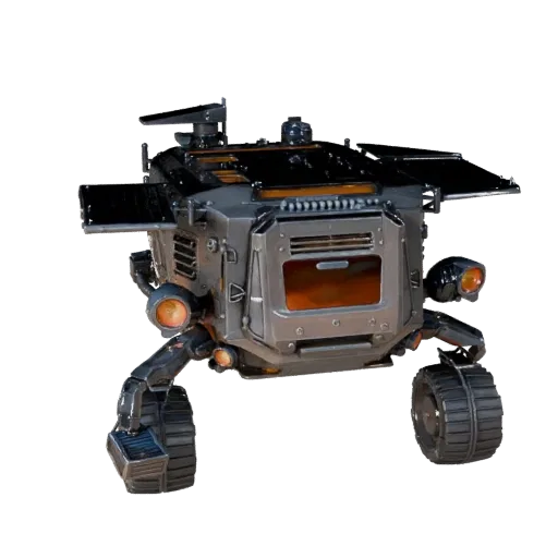 3D-модель Lunar Cargo Rover, вид в три четверти в студии, готовый к анимации ресурс транспортного средства с силуэтом миссии,