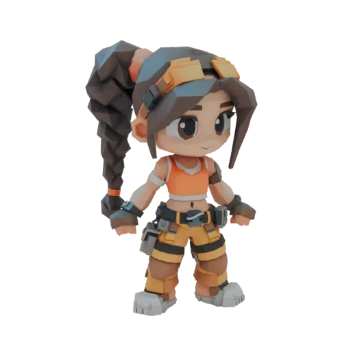 Low poly 3D модель молодой девушки-авантюристки с плетеной косой, в кроп-топе и брюках-карго, в динамичной позе.
