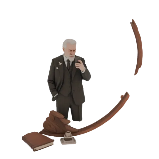 3D модель Зигмунда Фрейда в костюме, держащего бокал, с книгой и чернильницей на столе.