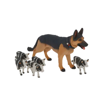 3D модель немецкой овчарки, пасущей стадо черно-белых коров, с детализированной проработкой шерсти и поз.