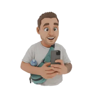3D модель мультяшного мужчины, улыбающегося и держащего смартфон, с бутылкой воды в сумке.