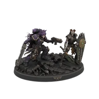 3D модель диорамы Warhammer 40,000, показывающая Адепта Сороритас, сражающуюся с Некроном на базе, усыпанной обломками.
