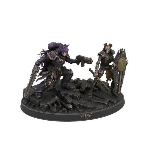 3D модель диорамы Warhammer 40,000, показывающая Адепта Сороритас, сражающуюся с Некроном на базе, усыпанной обломками.