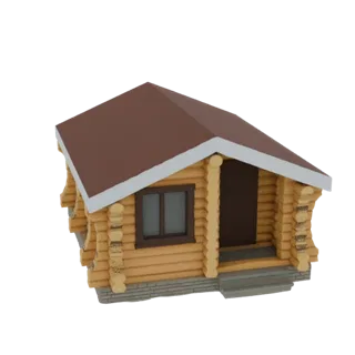 Рендер 3D-модели маленькой уютной бревенчатой хижины с коричневой двускатной крышей, видимыми бревенчатыми стенами, окном и п