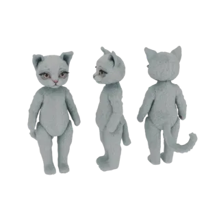 3D модель голубой куклы-кошки, показанная спереди, сбоку и сзади на белом фоне.