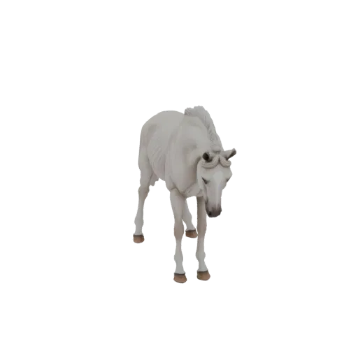 Детализированная 3D модель белой лошади, стоящей с слегка опущенной головой, демонстрирующая ее мускулатуру и развевающуюся г