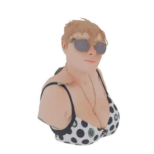 Рендер 3D модели женщины в бело-синем бикини в горошек и солнцезащитных очках, с золотым ожерельем.