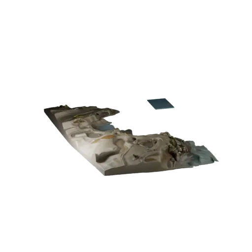 Высокополигональная 3D-модель прибрежного приливного бассейна, кинематографический рендер крупным планом, показывающий мокрый