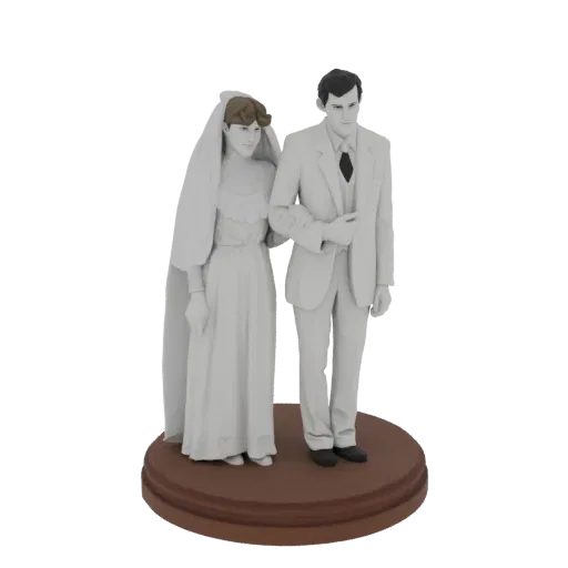 3D модель классической свадебной пары, невеста в платье и фате, жених в костюме, стоят рука об руку на круглом основании.