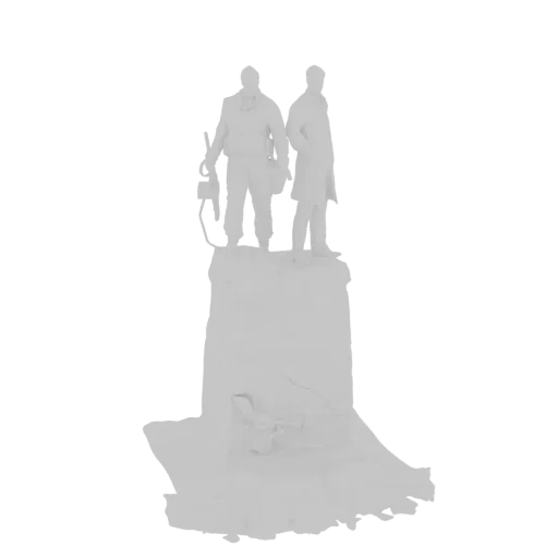 3D model of two figures, one holding a tool, standing on a rough, rocky pedestal against a white background.