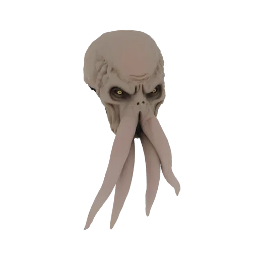 3D модель маски Ктулху с множеством бледных щупалец, свисающих вниз, с желтыми глазами и морщинистым, инопланетным лицом.