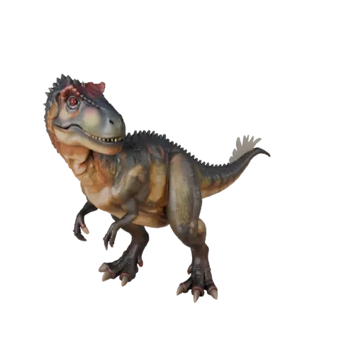 Мультяшная 3D-модель аллозавра, рендер дикой природы сбоку, стилизованный ассет животного с противовесом хвоста, силуэтами ко