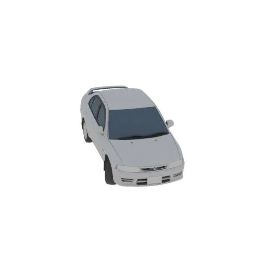 3D модель белого хэтчбека Mitsubishi Mirage V, вид спереди справа под небольшим углом, на белом фоне.