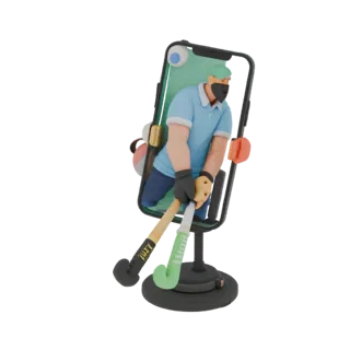 3D модель подставки для телефона в виде хоккеиста с клюшкой, стоящего на круглой базе.