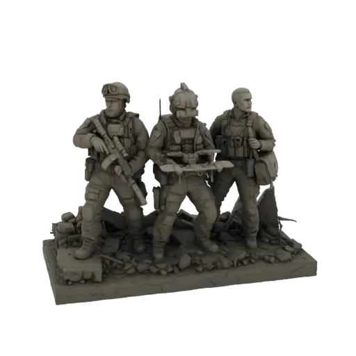 Рендер 3D модели трех современных солдат в тактическом снаряжении на диорамной базе с обломками.