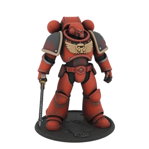 3D модель Космодесантника из Warhammer 40k в красно-черной силовой броне с цепным мечом, стоящего на подставке.