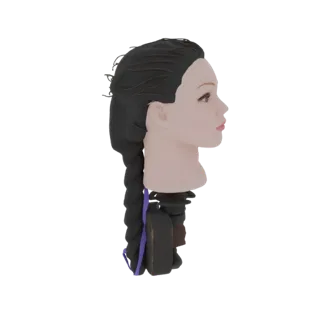 3D модель стилизованной женской головы манекена с темной косой и фиолетовой лентой, вид в профиль.