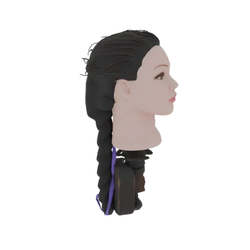 3D модель стилизованной женской головы манекена с темной косой и фиолетовой лентой, вид в профиль.