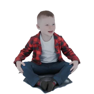 3D модель мальчика с короткими каштановыми волосами, в красной клетчатой рубашке и синих джинсах, сидящего со скрещенными ног