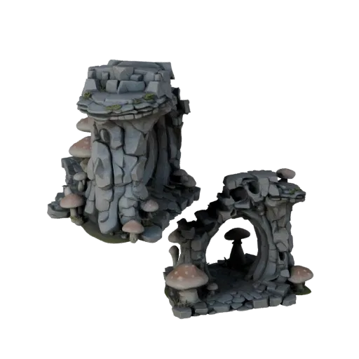 Реалистичная 3D модель Грибной Пещеры, трехчетвертной рендер окружения, показывающий состаренный камень, детали ландшафта.