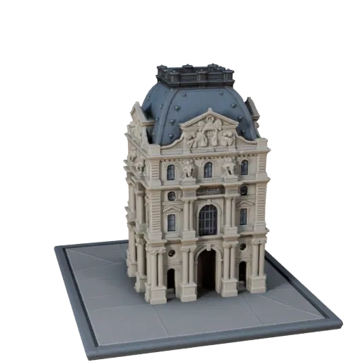 Стилизованная 3D модель стеклянной пирамиды Лувра, изометрический стилизованный вид игровой среды, показывающий материалы стр