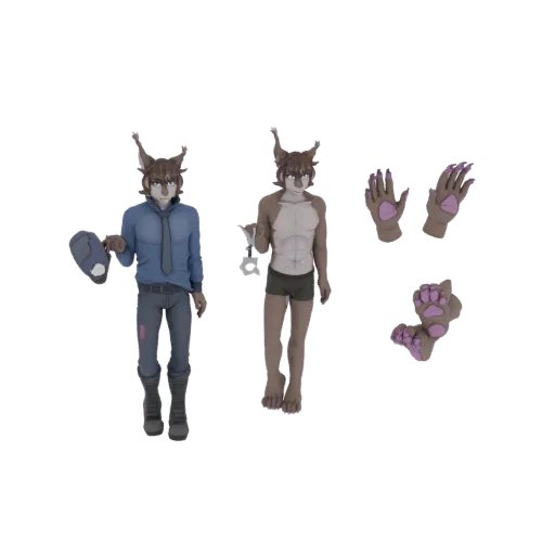 3D модель антропоморфной Рыси в двух нарядах, со сменными кистями, лапами, наручниками и шляпой.