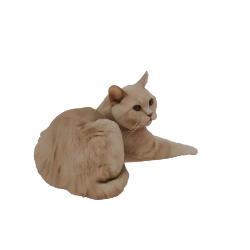 3D модель кремового кота лежащего, голова повернута в сторону, внимательный взгляд.