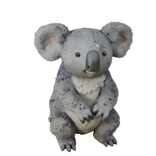 Низкополигональная 3D-модель коалы, вид сбоку в игровом ракурсе, низкополигональный ассет животного с объемом плеч, детализац