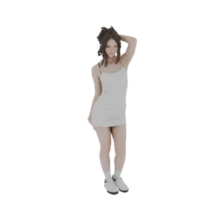 3D модель молодой женщины в белом платье-комбинации, с правой рукой, поднятой к голове, на белом фоне.