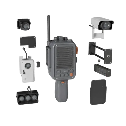 3D-модель Public Handheld Radio, вид спереди три четверти, вьюпорт Unreal Engine, показывающий пластиковый корпус, детали фор