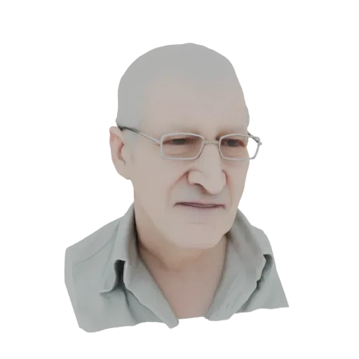 Рендер 3D модели пожилого мужчины со светло-седыми волосами, в очках и светло-голубой рубашке с воротником, на белом фоне.
