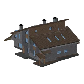 3D модель современного шале из камня и дерева, с двускатной крышей и большими окнами, на черном фоне.