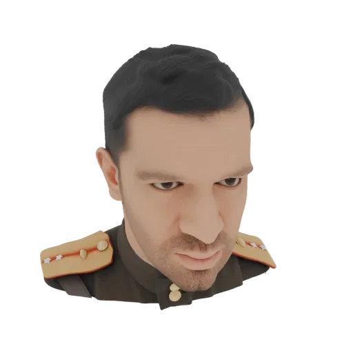 Рендер 3D модели бюста советского офицера, показывающий детализированную форму, эполеты и суровое выражение лица.