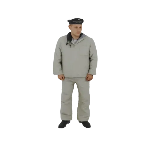 3D модель мужчины в классической форме моряка, включая бескозырку, полосатую рубашку, куртку и брюки.