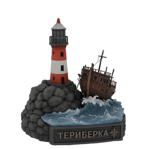 3D модель маяка Териберки и кораблекрушения на скалах с волнами, с кириллическим текстом на основании.