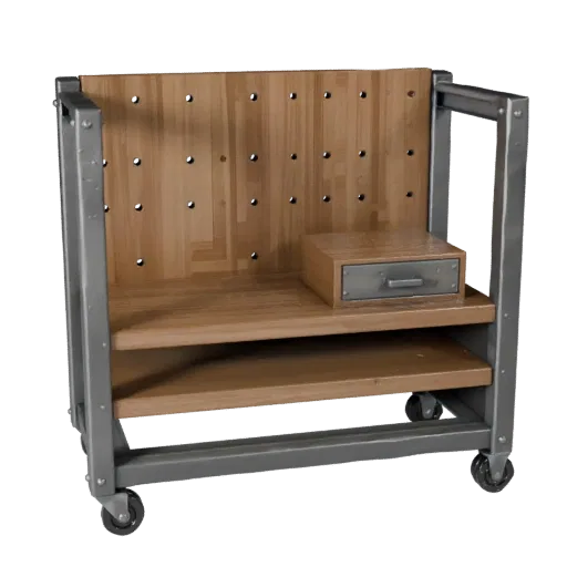 Низкополигональная 3D-модель стеллажа для запчастей гаража, вид в игровом окне с трех четвертей, показывающий стальные рамы,