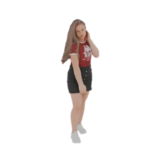 3D модель девушки с длинными каштановыми волосами, в красной футболке Kappa и черной юбке, стоящей с рукой у головы.