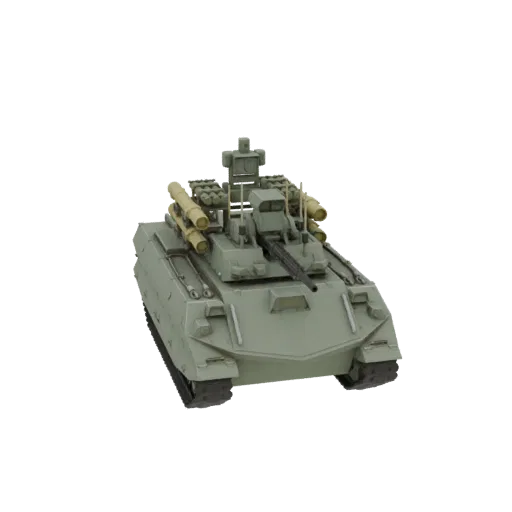 Вид спереди сверху 3D модели современной военной боевой машины с основной пушкой и ракетными установками, отрисованной на чер