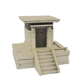 3D модель древнего каменного входа в мавзолей с потрескавшимися каменными блоками, резными колоннами и восходящими ступенями.