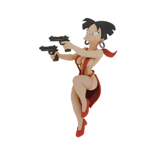 3D модель роковой женщины в красном платье, держащей два пистолета в динамичной боевой позе, с темными волосами и большими се
