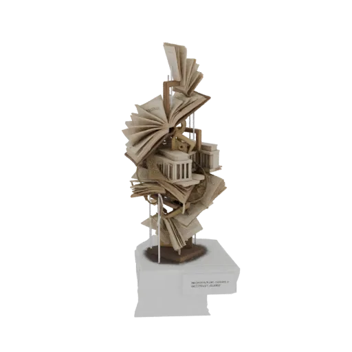 3D модель абстрактной скульптуры с раскрытыми книгами и классическими архитектурными элементами, динамично сложенными.
