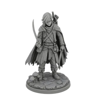 3D model of a young ranger with a scimitar and bow, wearing a tattered cloak, standing on a cobblestone base with mushrooms.