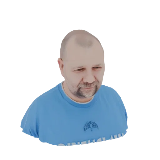 Рендер 3D модели лысого мужчины с бородой в синем худи с логотипом птицы, смотрящего в сторону.