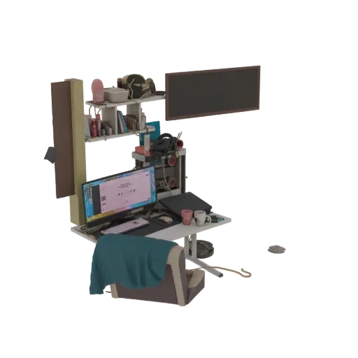 3D модель современной игровой установки, включающая компьютерный монитор, корпус ПК, игровое кресло и полки с аксессуарами.