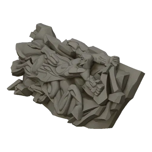 3D модель динамичной фигуры в барельефной скульптуре, выполненная в каменной текстуре на черном фоне.